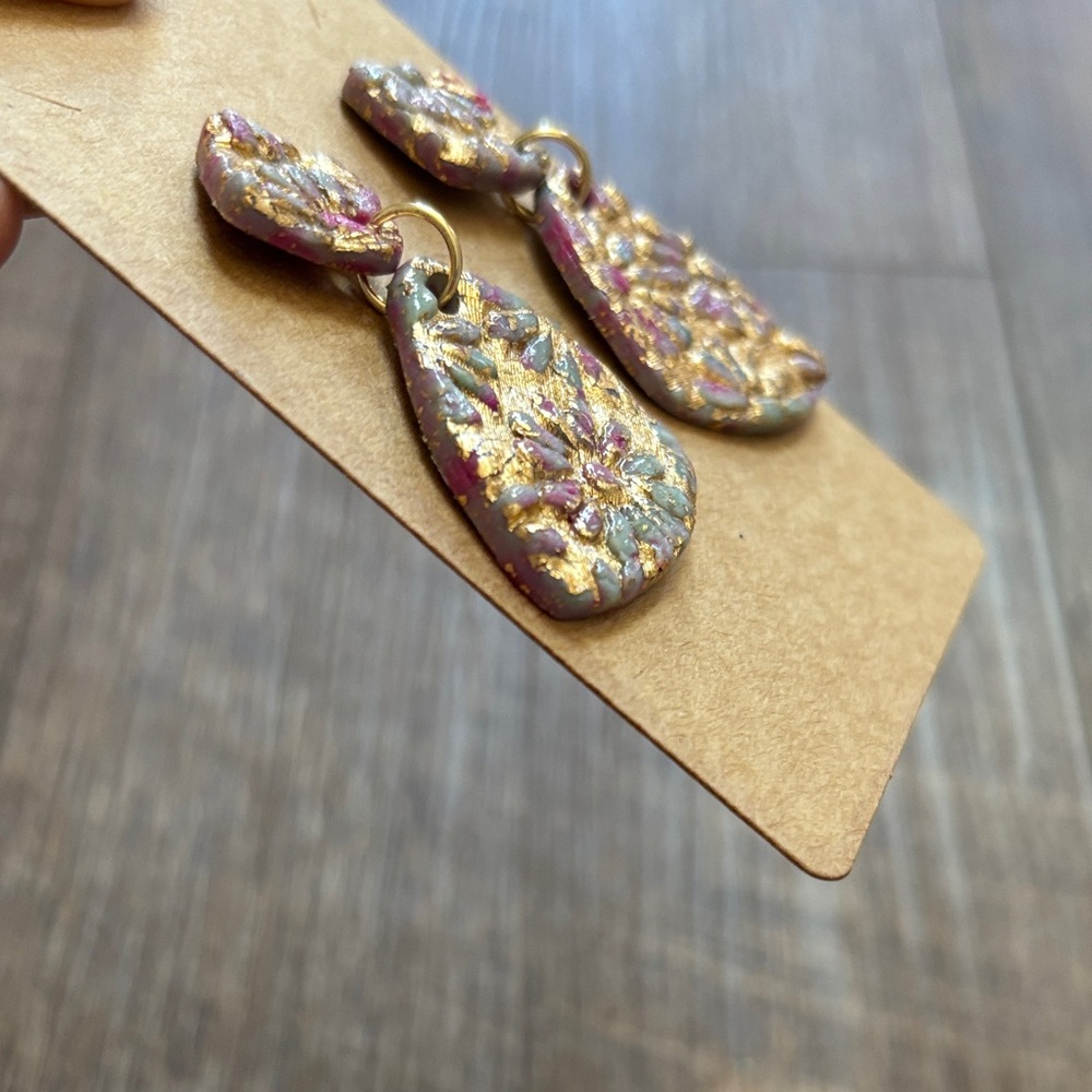 Purple and Blue Floral Drop Polymer Clay Earrings with Gold- Women’s Jewelry - Picture 3 of 5